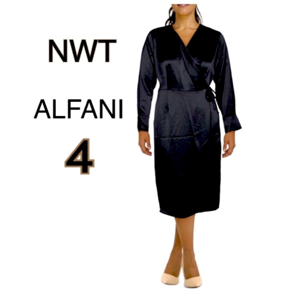 NWT ALFANI black silky sexy wrap ribbon tie deep V plunge maxi evening dress